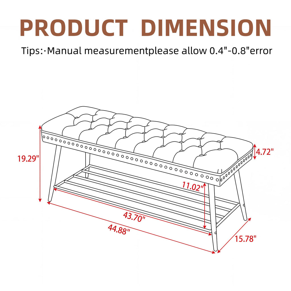 Thick Cushioned Shoe Bench, Entryway Bench with Metal Shoe Rack, Upholstered Tufted Ottoman Bench, End of Bed Bench