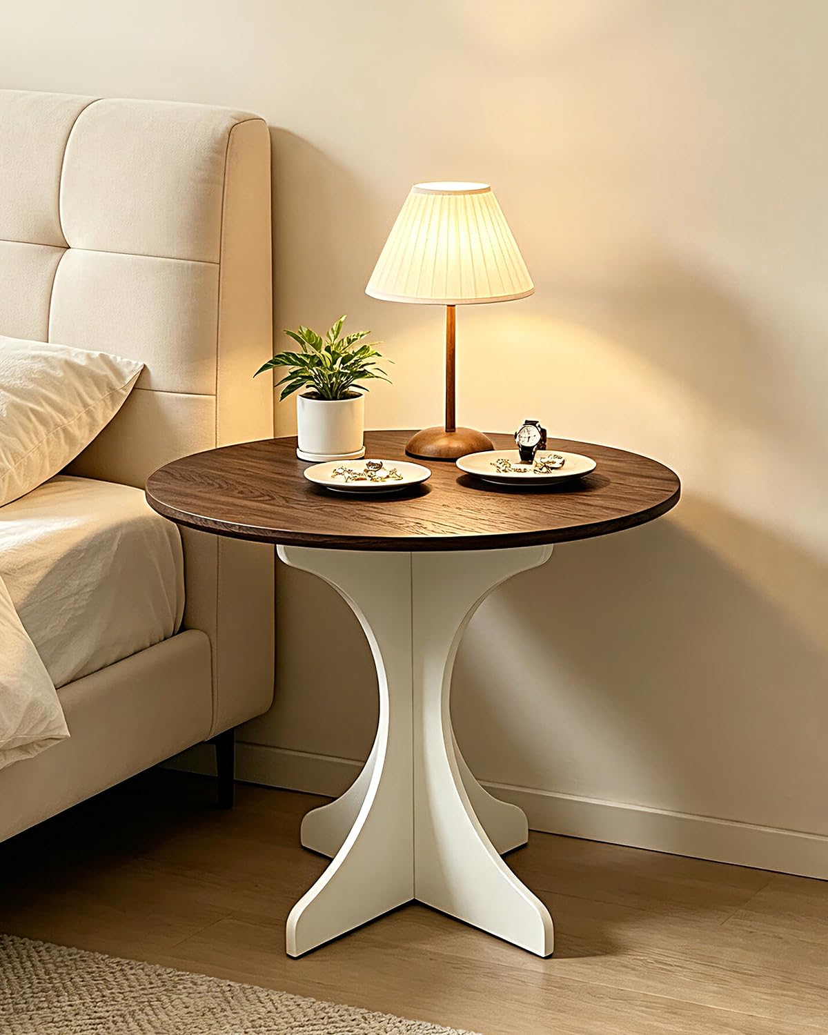 Inspired Saarinen Style Mid Century Modern Round Side Table Accent 24in Coffee Table with Amber Wood Grain Tabletop & White Curved Base