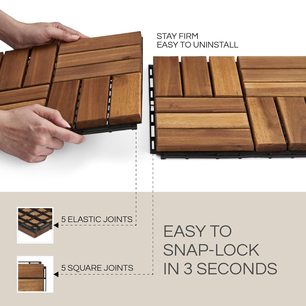 Premium Deck Tiles, Patio Flooring - Set 10 Pcs 12”x12”x0.9” Interlocking Deck Tiles, Waterproof Acacia Wood for Balcony, Backyard, Indoor & Outdoor (Golden Teak, Crossed Pattern, Square Joints)