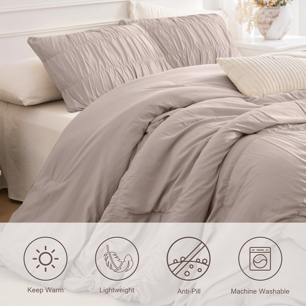 Oversized King Comforter(120"x98"), Taupe Ruched Ruffle California King Comforter Set, 3 Pieces Lightweight Extra Large