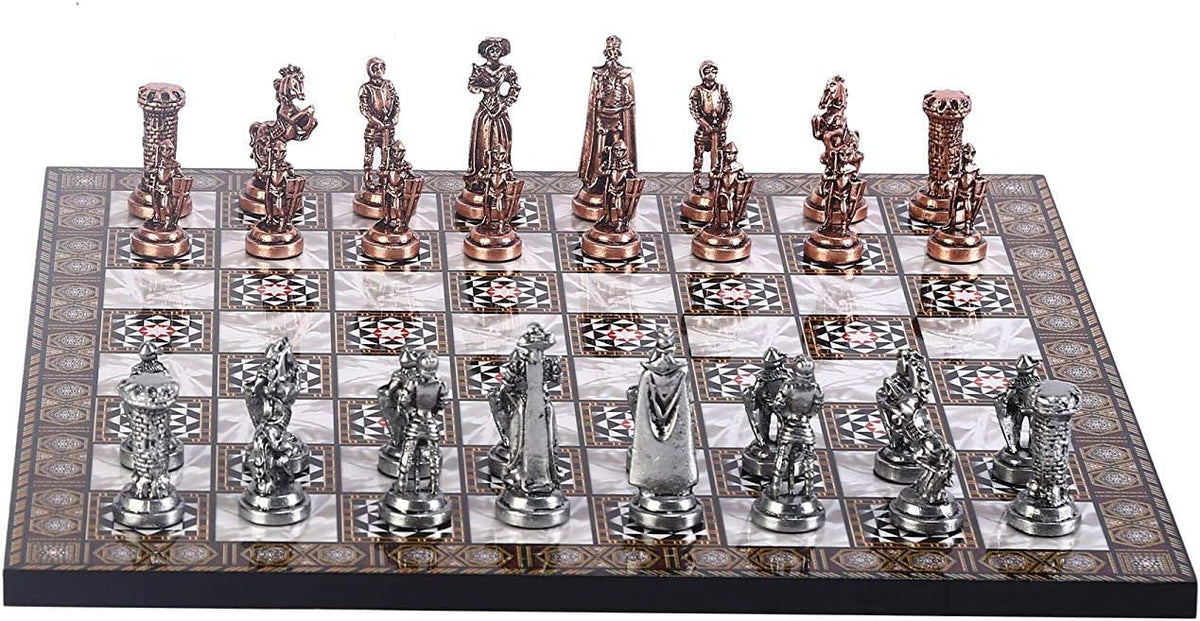 Medieval British Army Antique Copper Metal Chess Set for Adults, Handmade Pieces and Mosaic Design Wooden Chess Board - Set of 32