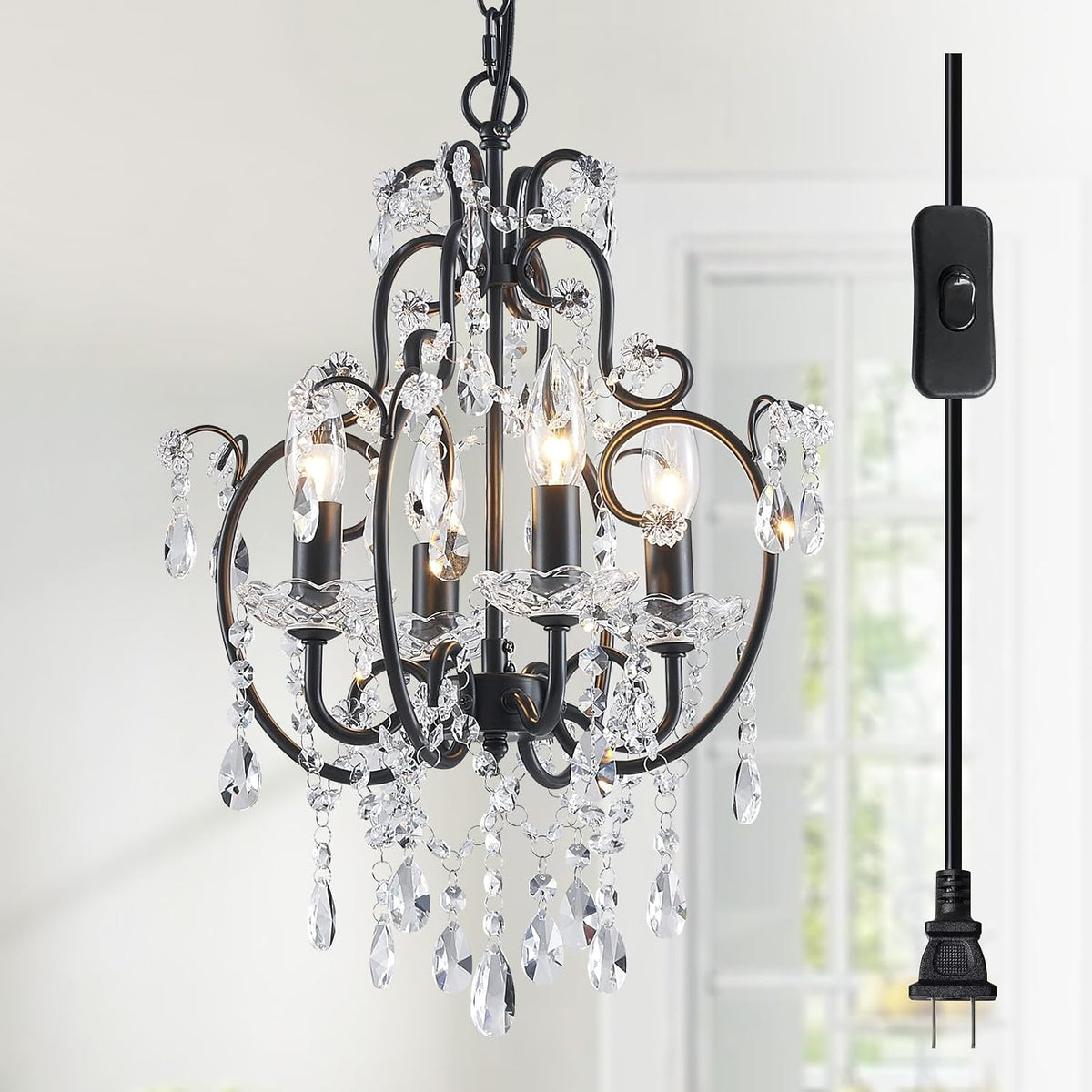 Plug-In Four-Light K9 Crystal Chandelier with No Hardwiring Needed
