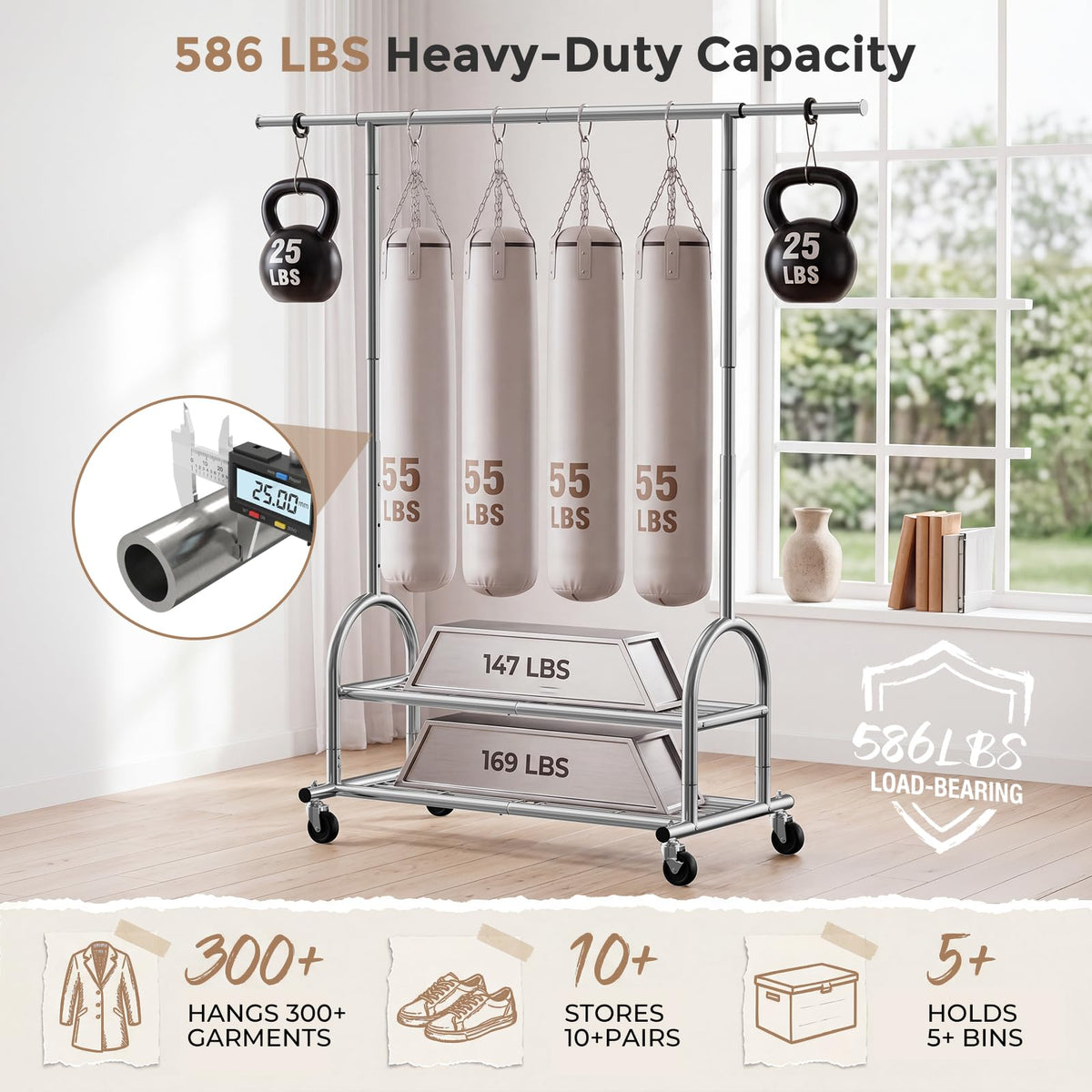 Heavy Duty Clothes Rack, 586 LBS Weight Capacity Metal Clothing Rack with Wheels, Rolling Garment Rack for Hanging