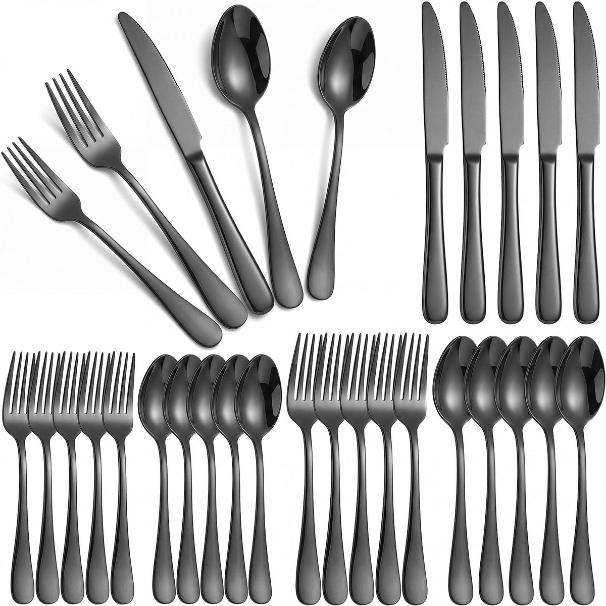 30 Pcs Black Silverware Set Stainless Steel Utensil Sets for 6 Guest