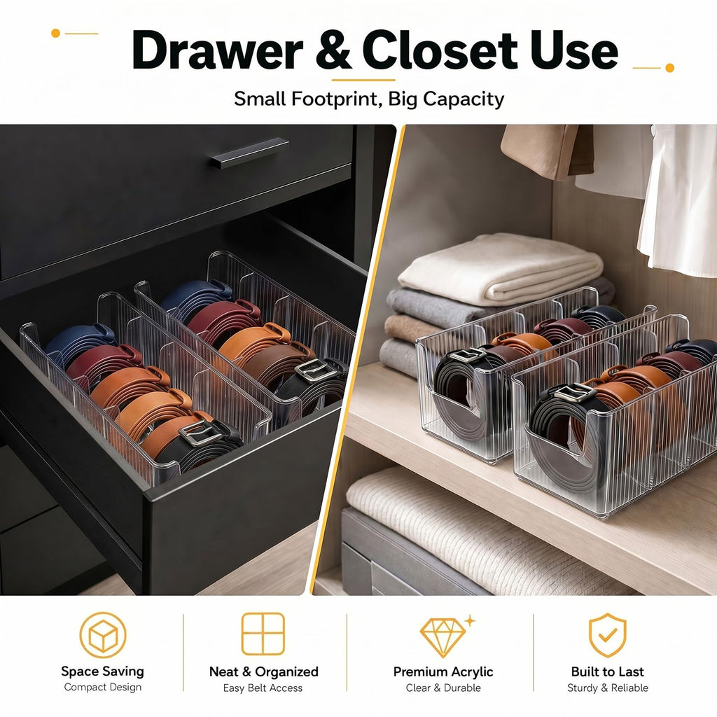 Acrylic Belt Organizer, 2 Pack Clear Belt Storage Box with 4 Adjustable Compartments, Stackable Durable Acrylic Belt