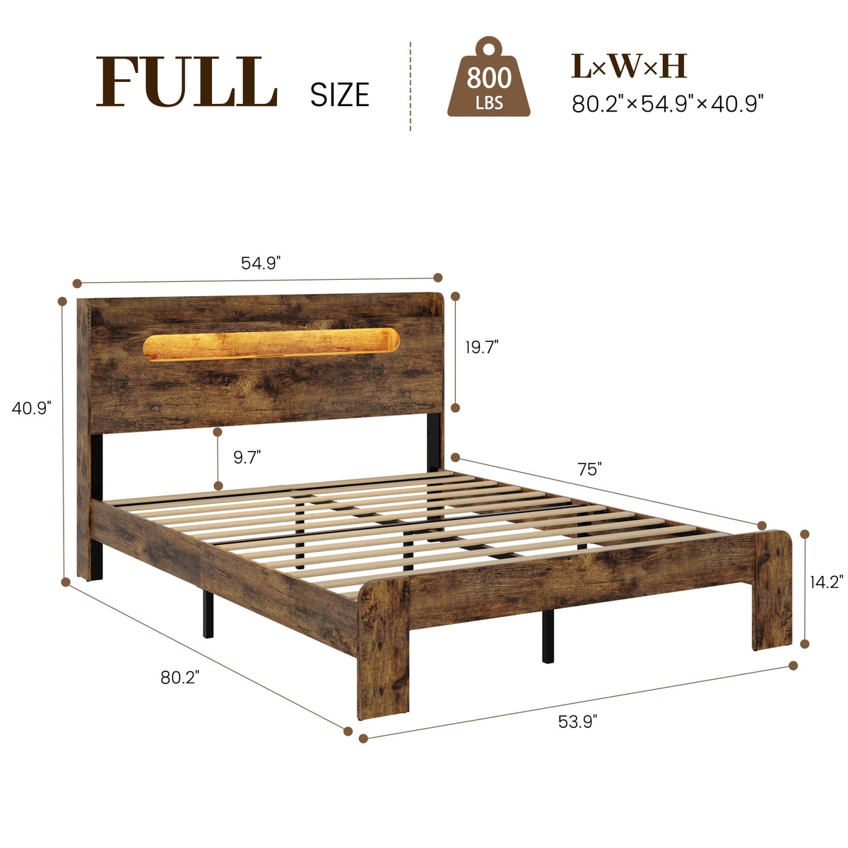 Bed Frame, 2-Tier Storage Headboard Platform Bed, Rustic Brown