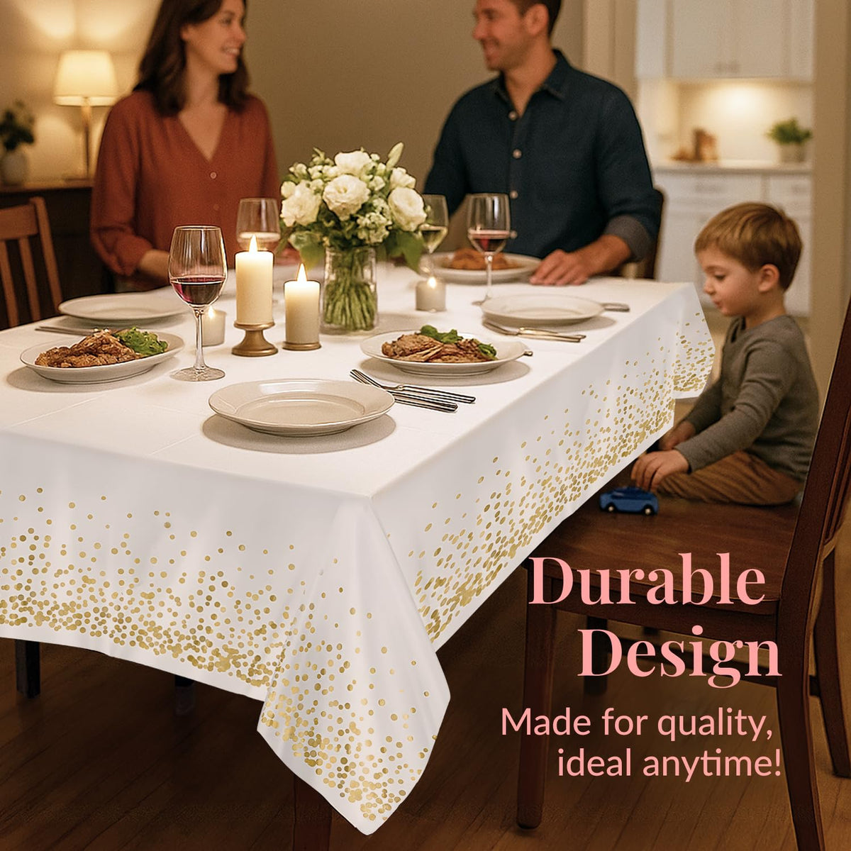12-Pack White and Gold Tablecloth - 54x108 Inch - Disposable Table Covers for Party, Weddings, and Holidays