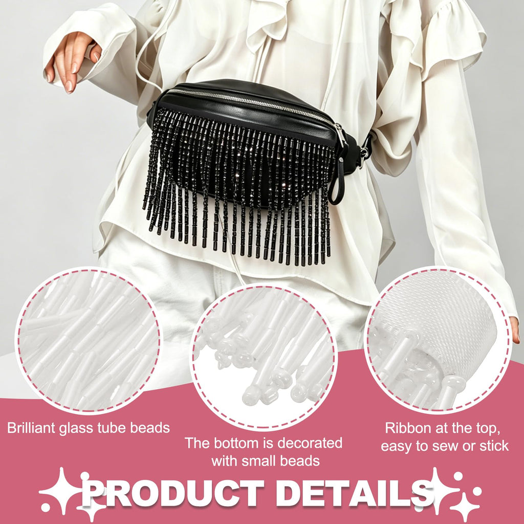 Beaded Fringe Trim Glass Beads Trim Tassels, White