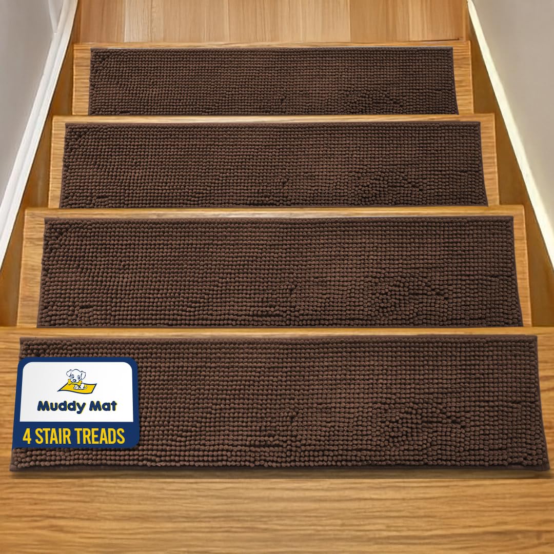 Pack of 4 - Soft Chenille Non-Slip Reusable, Super Absorbent for Wooden Steps, Tile & Marble Floor, Easy to Install &
