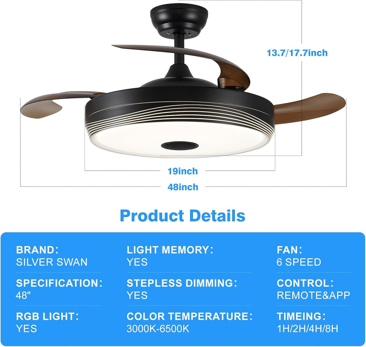 48" Smart Chandelier Retractable Ceiling Fan with Light & Remote