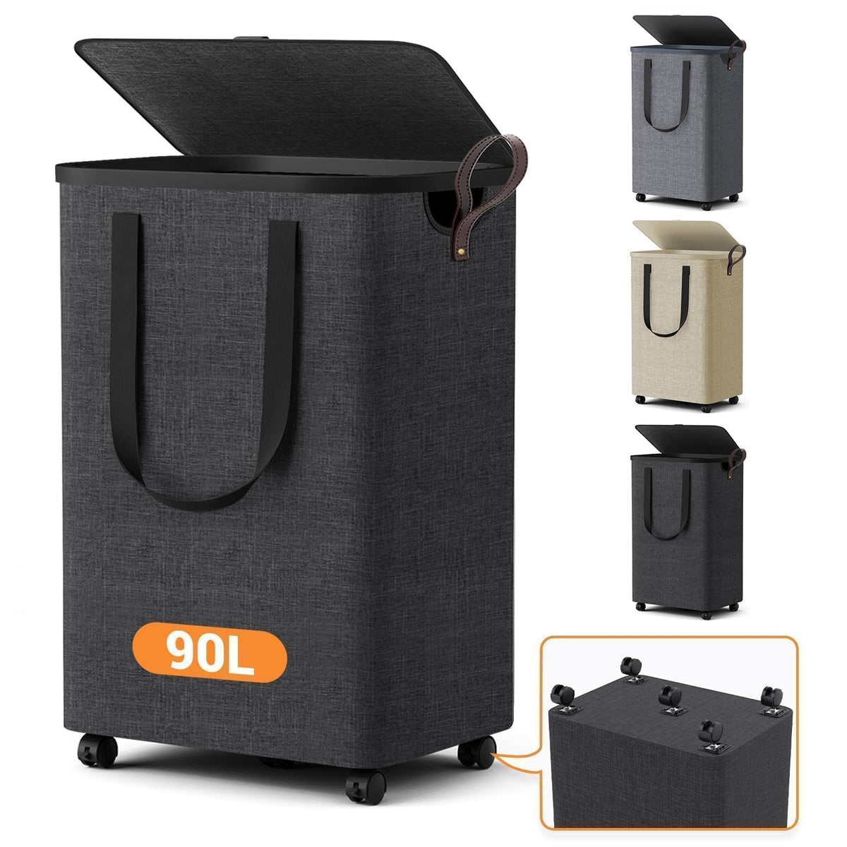 Basket with 5 Wheels, Rolling Laundry Hamper, 90L, Deep Gray