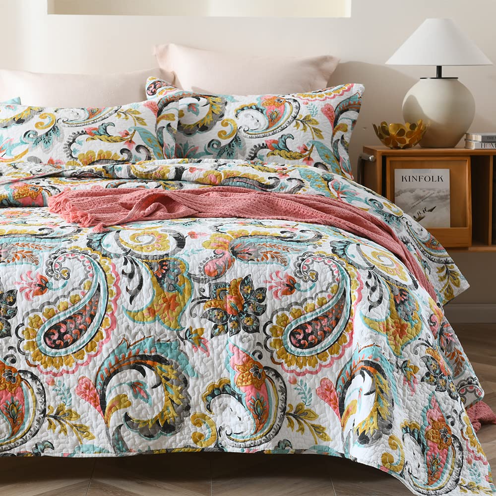 Quilt King Size, 100% Pure Cotton Bedspread, Lightweight Reversible Quilted Coverlet White King Bedding Sets, Vintage