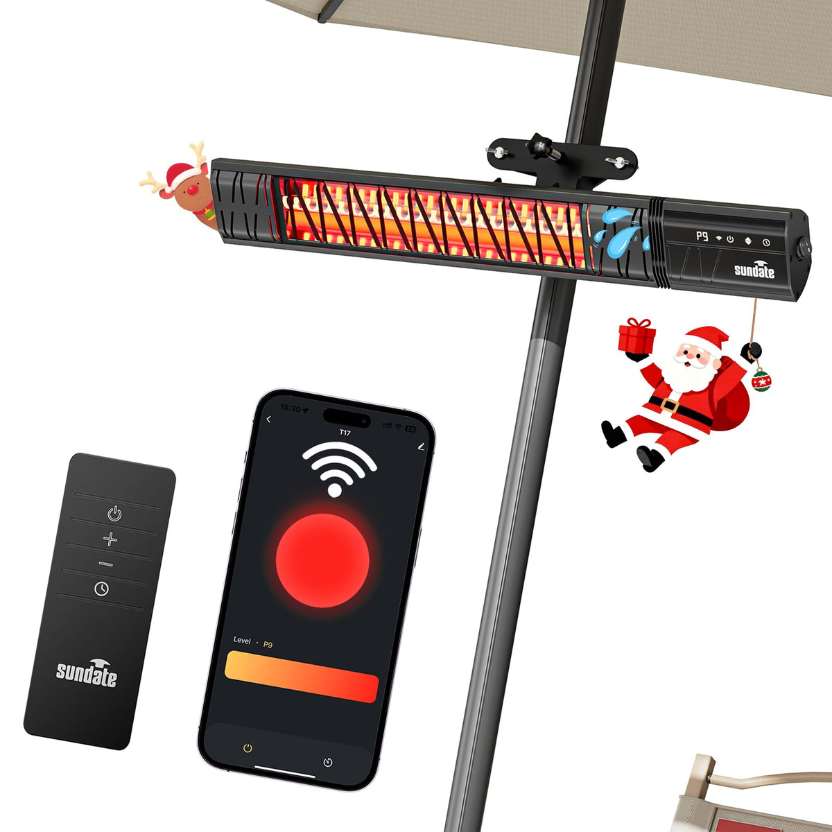 Electric Outdoor Heater Umbrella Wifi Control Wall-Mounted Hanging Patio 1500W Infrared 9 Heat Levels, 24H Timers