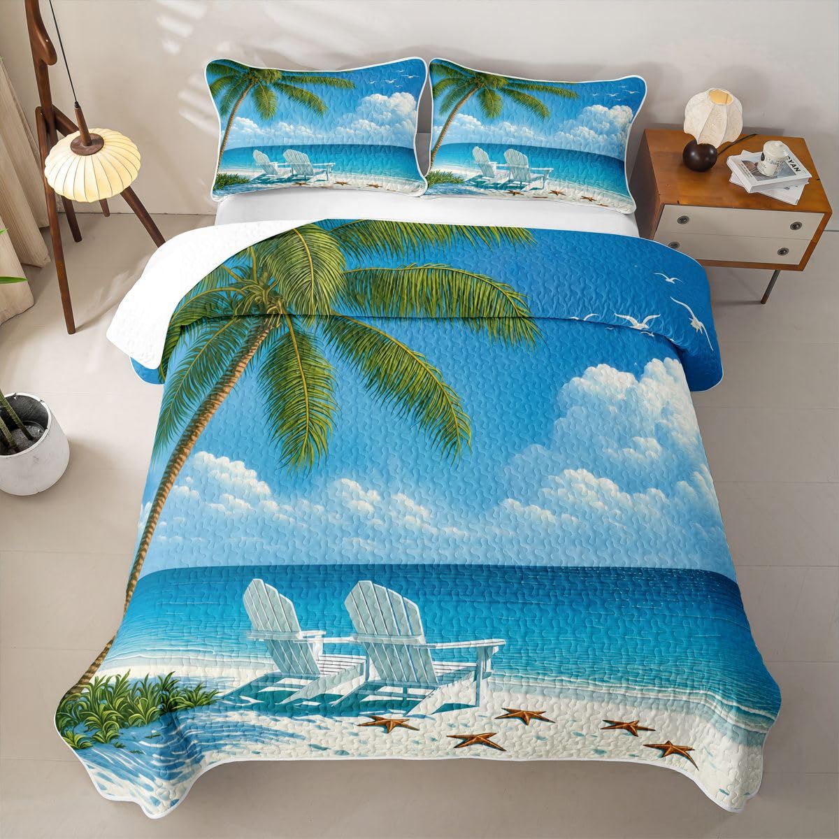 Beach Quilted Bedspread, Sunny Beach Palm Tree Starfish Quilt Bedding Set 3 Pieces, Tropical Coastal Ocean
