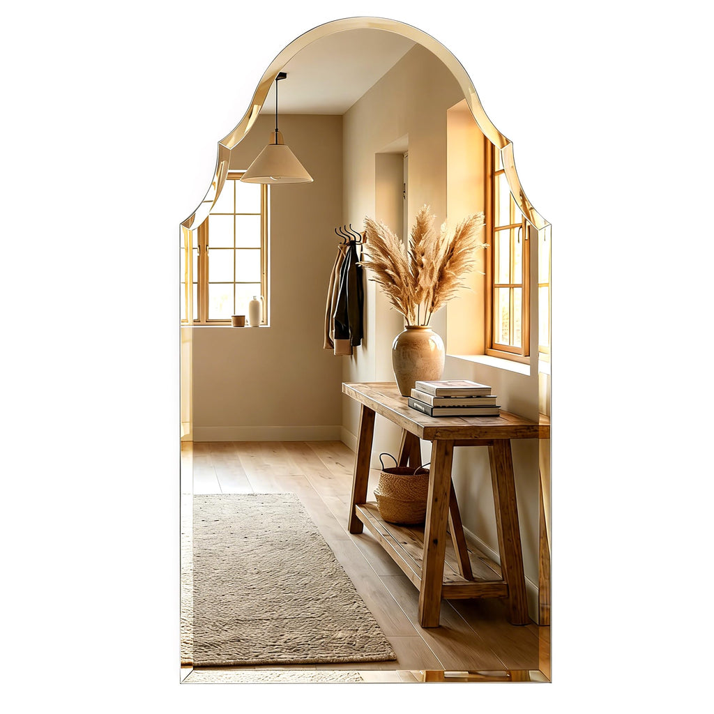 20x36 Inch Scalloped Arch Frameless Beveled Wall Mirror for Vanity