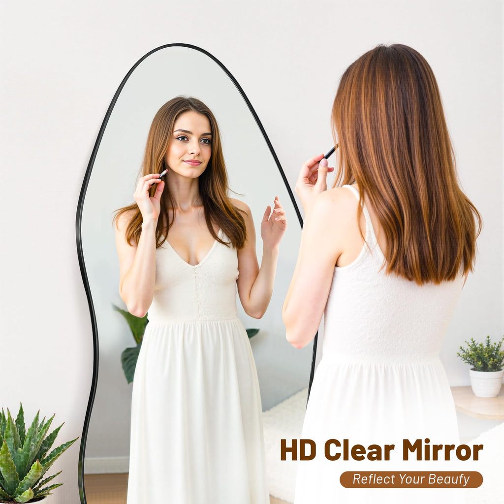 Irregular Full Length Mirror, 76"x36" Asymmetrical Floor Mirror with Stand, Standing Hanging Leaning Irregular