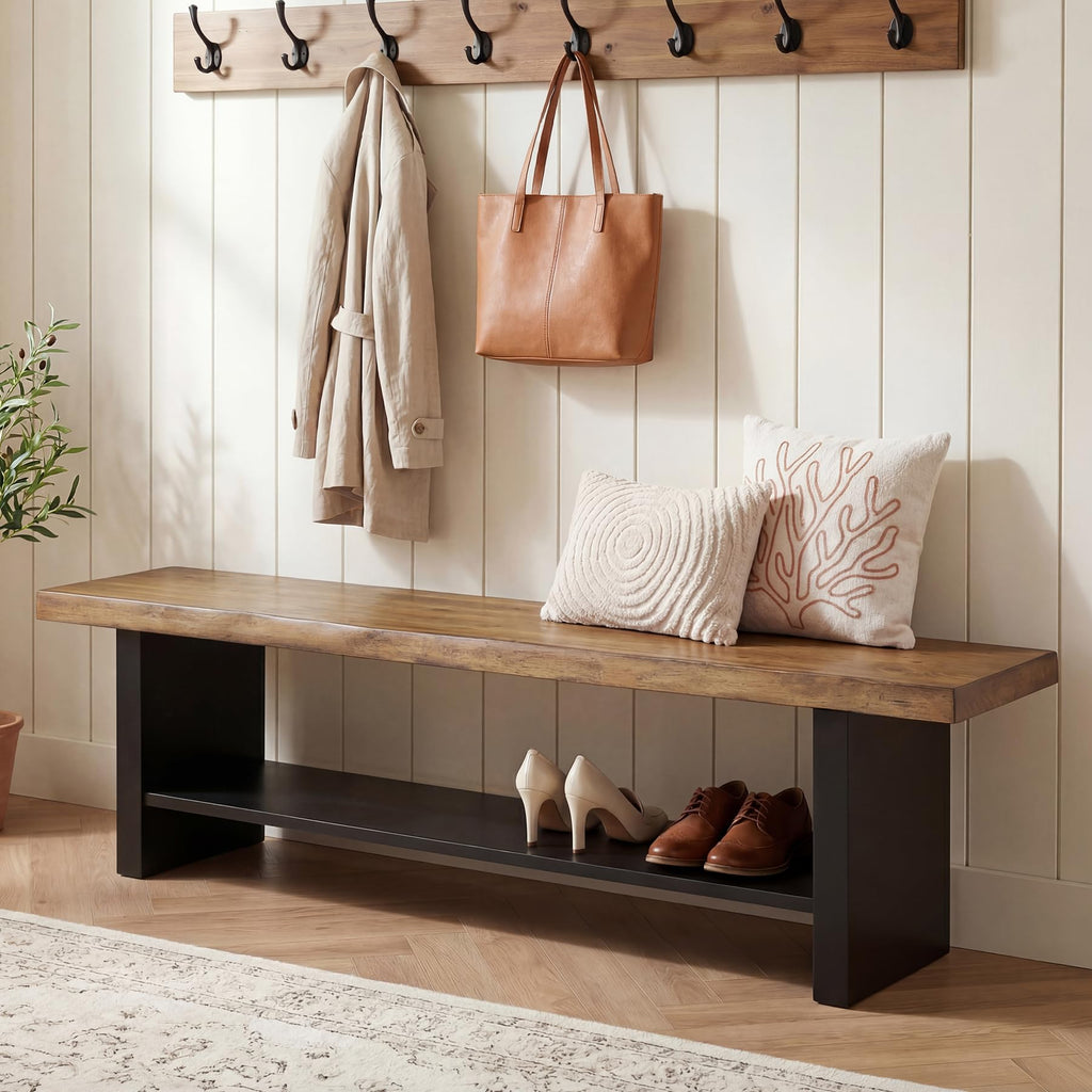 55" Solid Wood Bench with Shoe Storage, 2-Tier Farmhouse Entryway Bench, Narrow Rustic Brown Bench