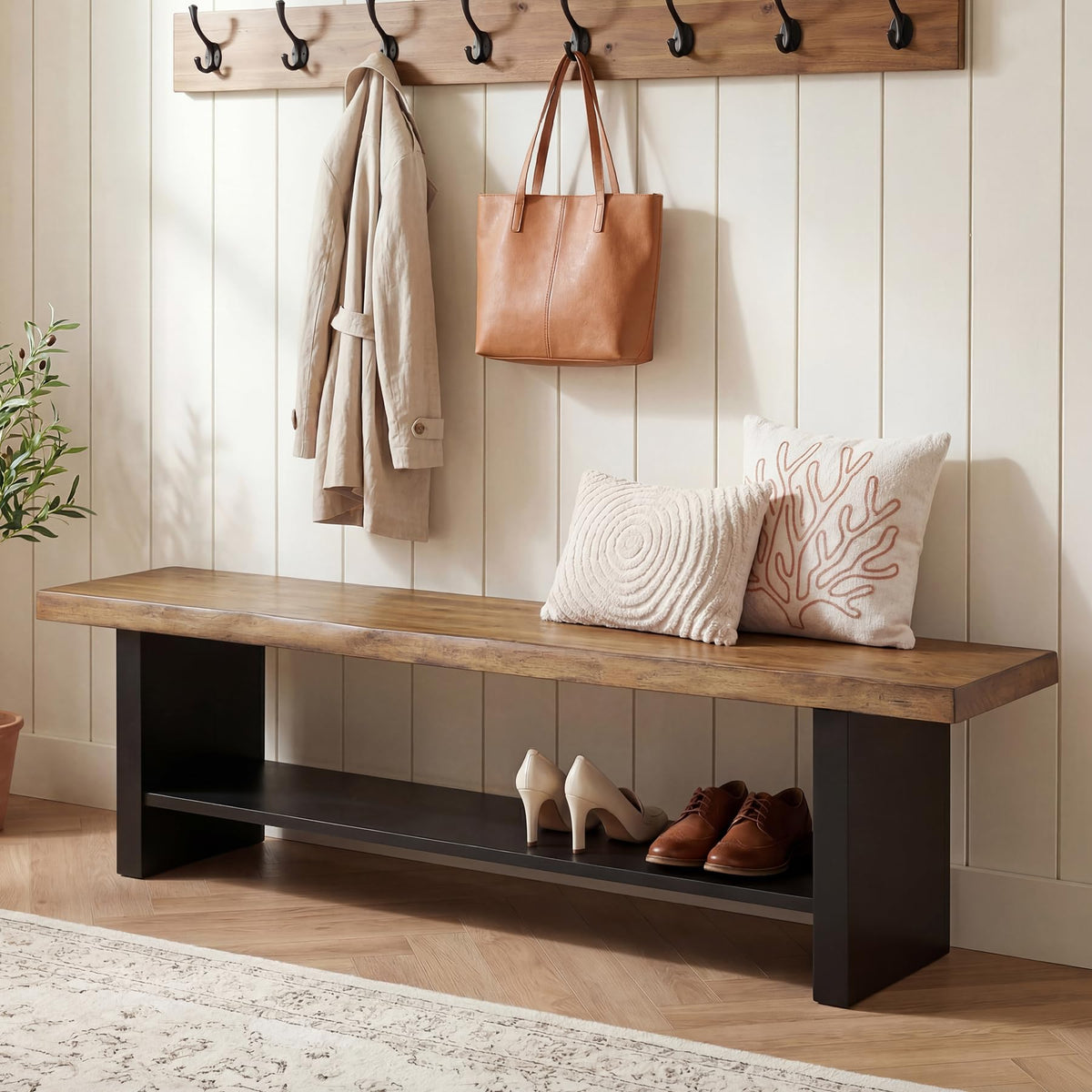 55" Solid Wood Bench with Shoe Storage, 2-Tier Farmhouse Entryway Bench, Narrow Rustic Brown Bench