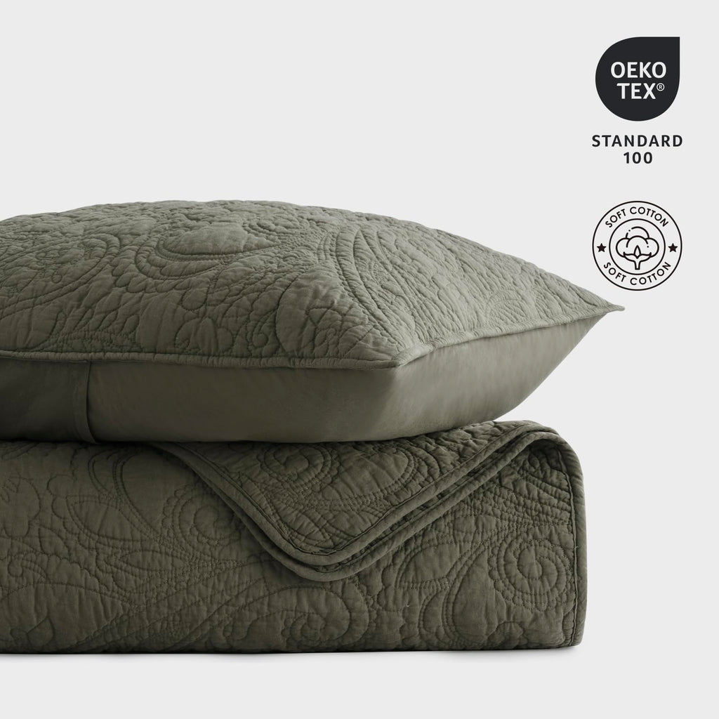 100% Cotton Paisley Quilt Set, Queen Size, Olive Green
