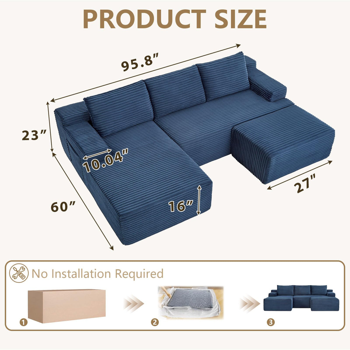96" Cloud Sectional Couch with U-Shaped Chaise, Corduroy Sectional Sofa with Ottoman, Deep Seat Boneless Couch, No