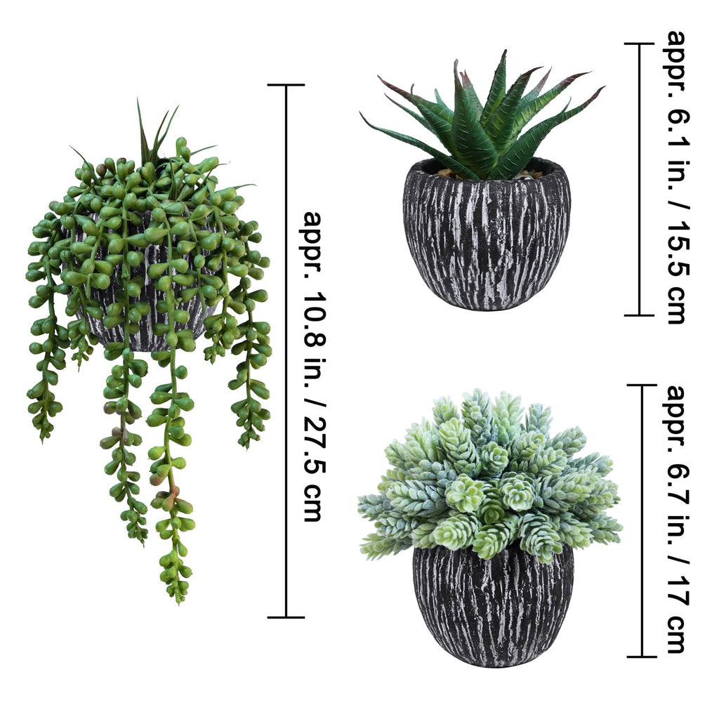 Set of 3 Artificial Succulent Plants in Black Pots Fake Hops Aloe String of Pearls Potted Plants Small Faux Plants