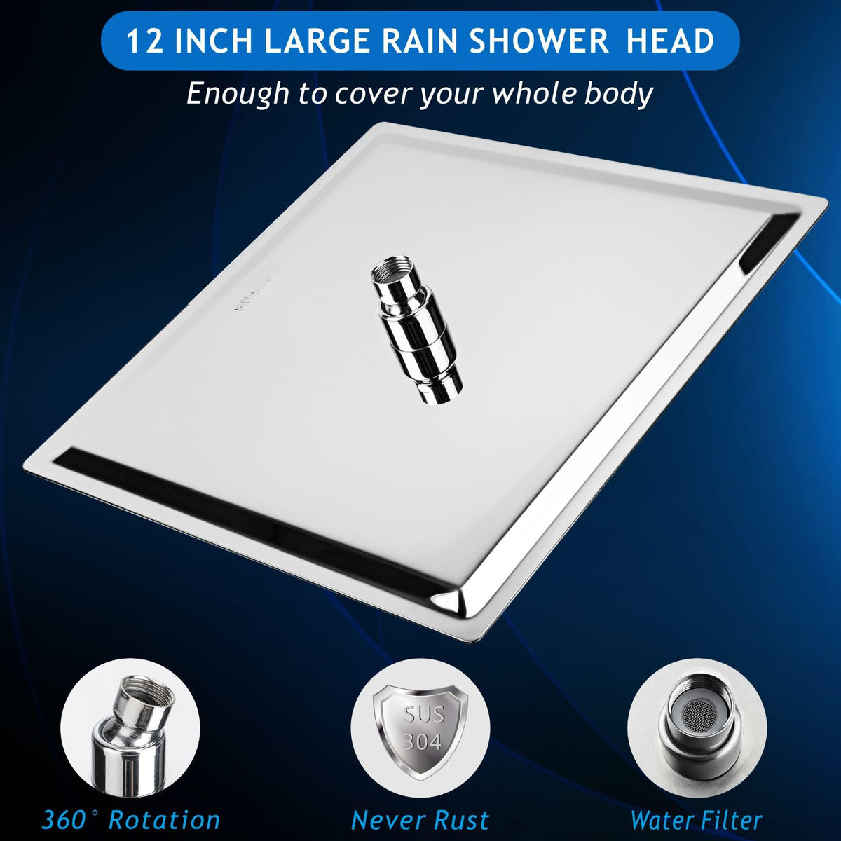 All Metal Shower Head with Extension Arm, Stainless Steel Waterfall Rainfall Showerhead, High Flow Bathroom Square