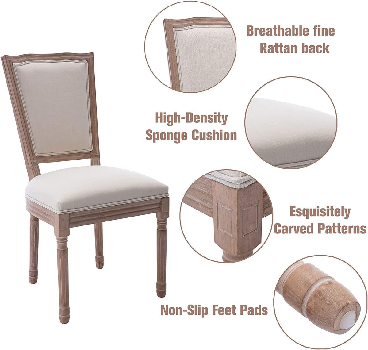 French Country Dining Chairs Set of 2, Vintage Farmhouse Dining Chairs with Round Back, Solid Wood Frame and Upholstered Fabric Seat, Beige