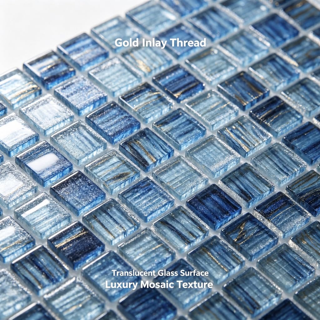 8 Sheets Glass Mosaic Tiles Backsplash, 12" x 12" Light Blue Backsplash Tile Bathroom Swimming Pool Shower Wall (8