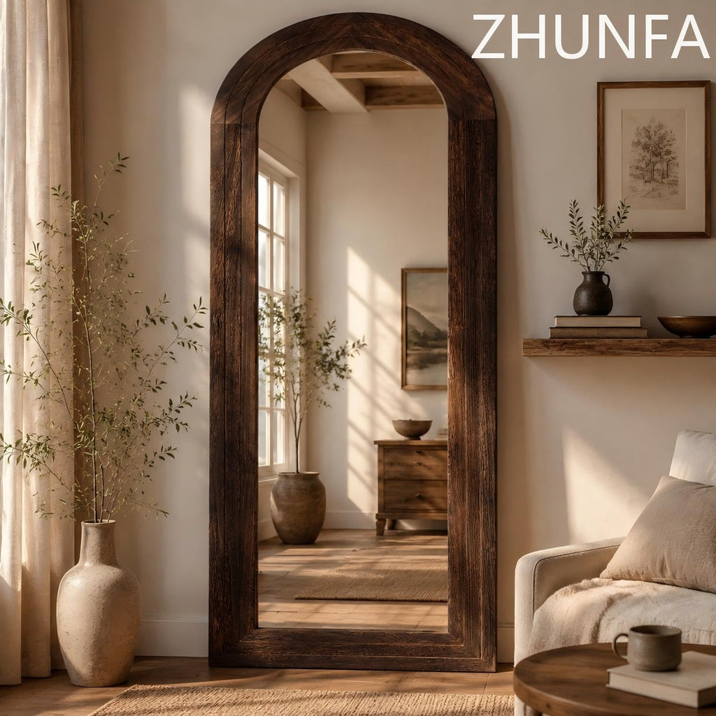 Arched Full Length Mirror with Solid Wood Frame, 65x22, Brown