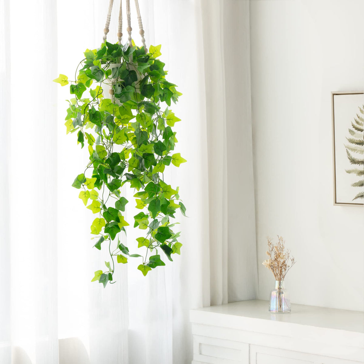 Fake Hanging Plant Macrame Hanger Potted Vines Indoor Decor, 1 Pack