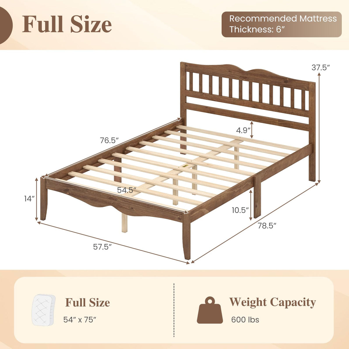 Full Size Wooden Bed Frame with Slatted Headboard, Walnut