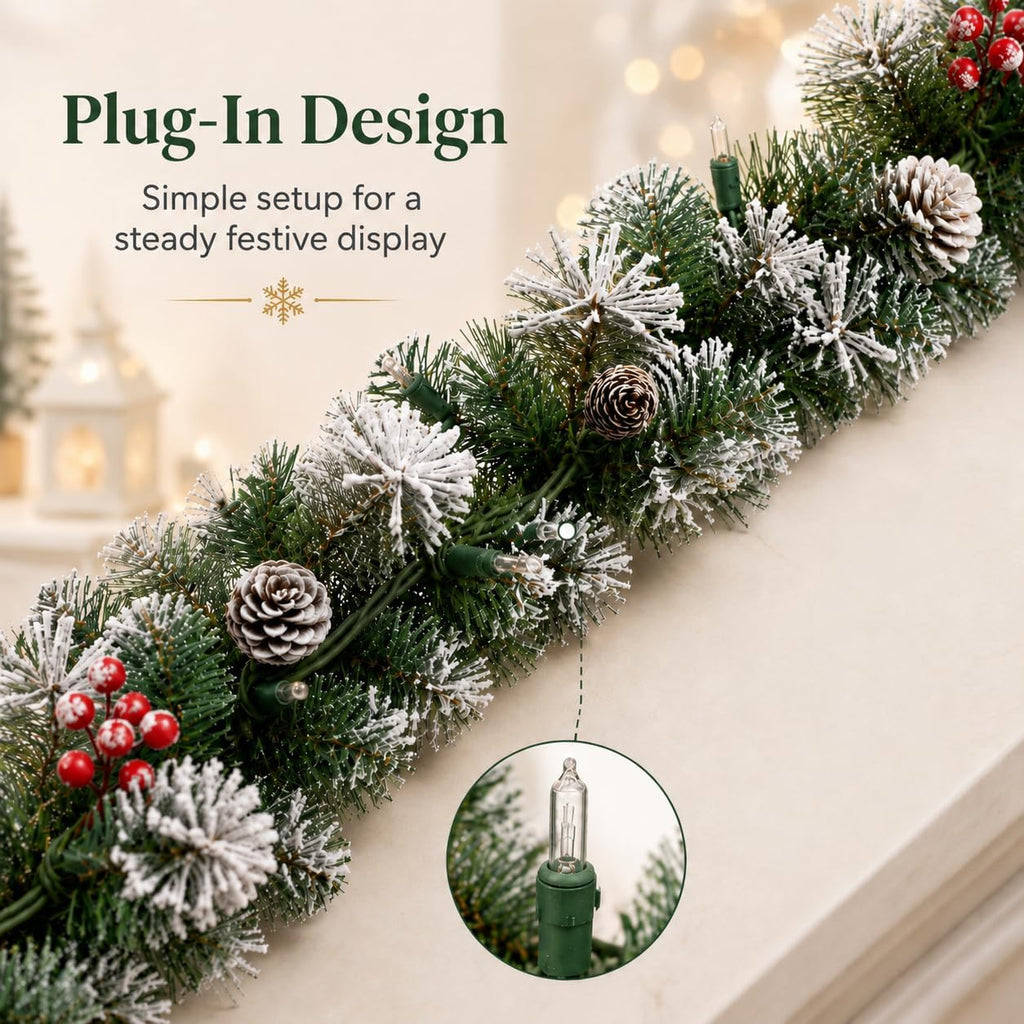 Pre-Lit Artificial Christmas Garland with 50 Lights, Plug in Garland Decorated with Pine Cones and Red Berries