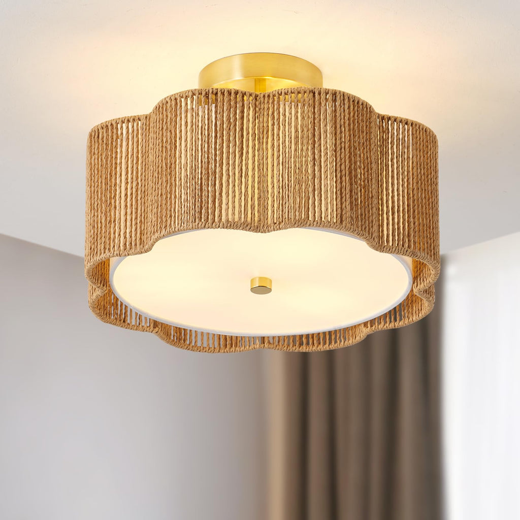 Rattan Ceiling Light Fixtures Flush Mount, 3-Light Boho Light Fixtures Ceiling Mount, Close to Ceiling Lights Modern
