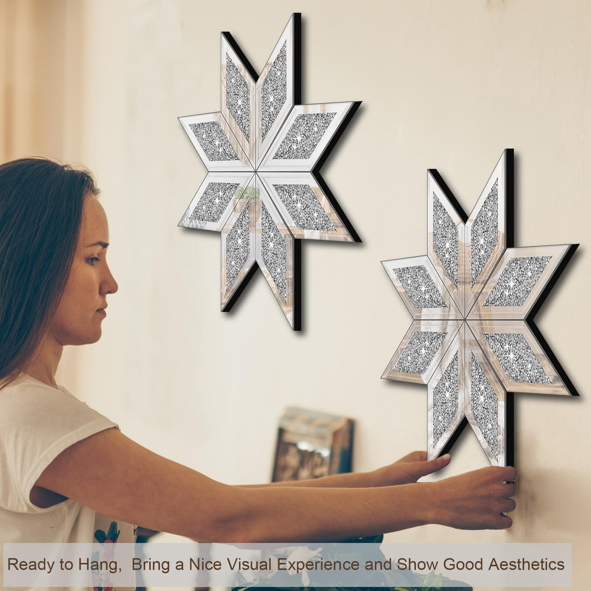 2 Piece Crushed Diamond Decorative Mirror, Silver Crushed Diamond Mirror Decor Wall Bedroom Bathroom Office (12X12in