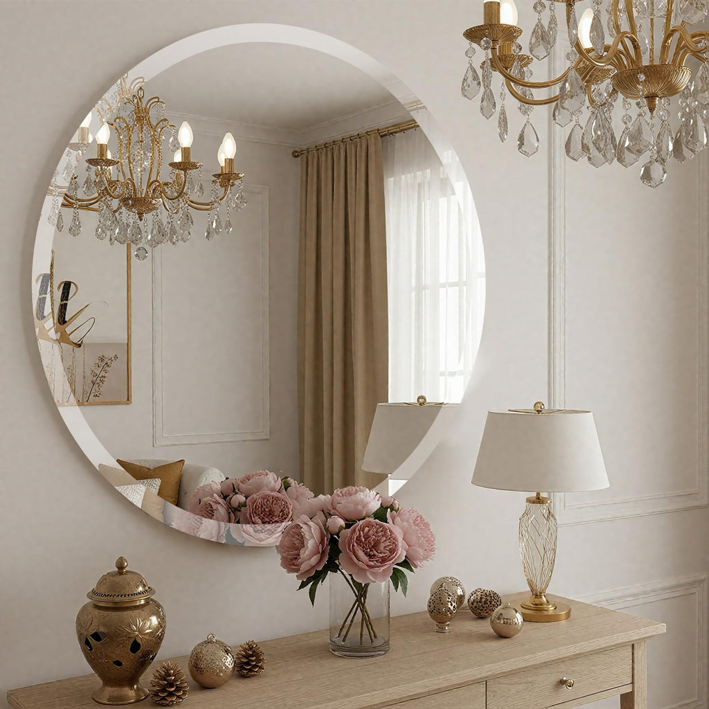 30 Inch Round Frameless Bathroom Mirror, Beveled Round Mirror