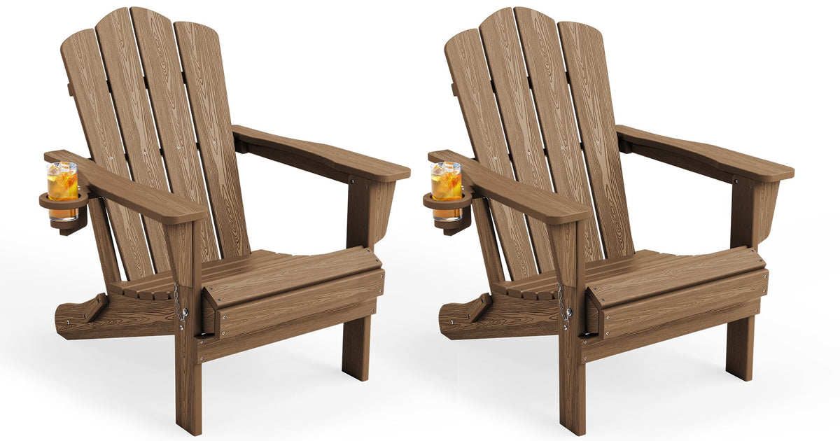 Folding Adirondack Chair Set of 2 with Cup Holder, Brown