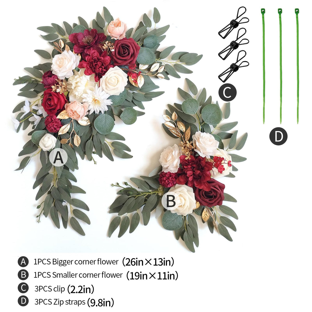 Faux Flower Swag Set of 2 for Wedding Welcome Signs Floral Swag Wedding Reception Ceremony Signs Decor(Burgundy red &