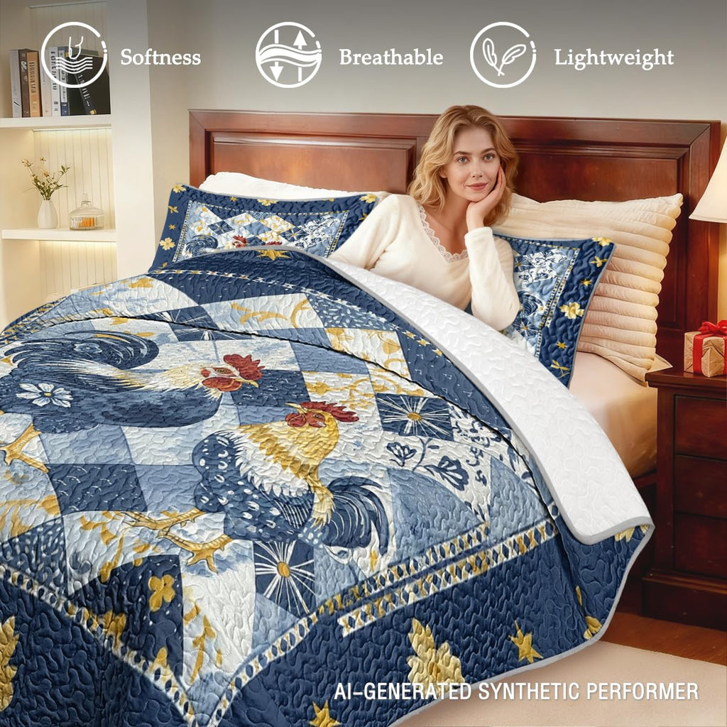 Farmhouse Rooster Quilt Set, Navy Blue and Yellow Patchwork Country Bedding