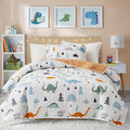 3-Piece Cotton Quilt Set Full/Queen, Cute Dinosaur Reversible Design for Kids Boys n Girls, Breathable Quilt