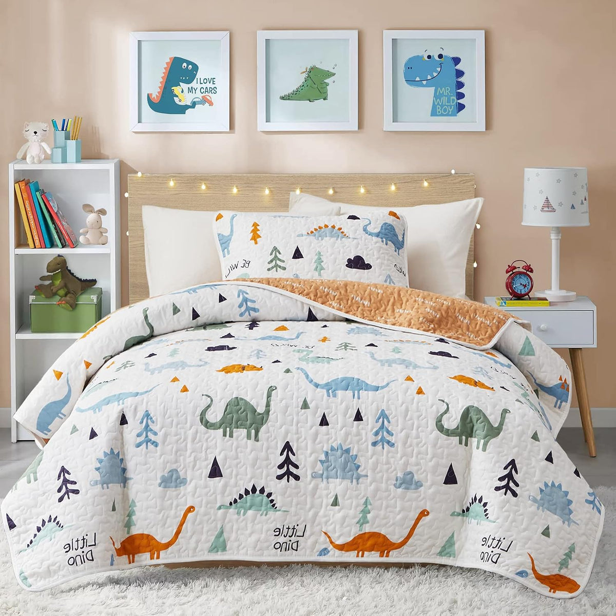 3-Piece Cotton Quilt Set Full/Queen, Cute Dinosaur Reversible Design for Kids Boys n Girls, Breathable Quilt