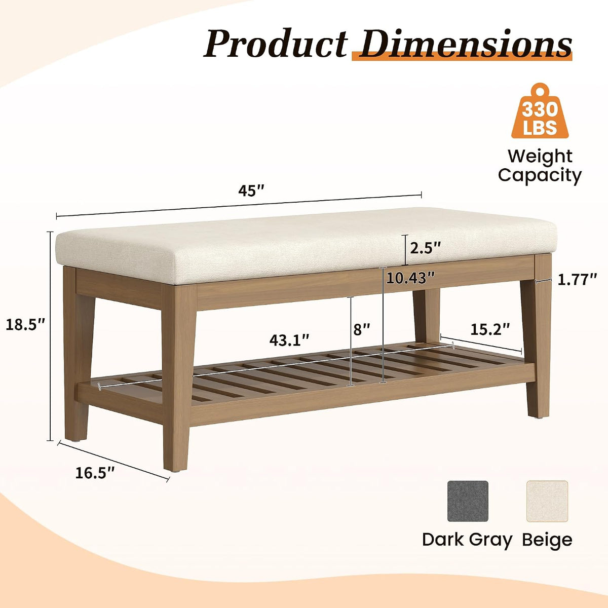 45" Shoe Rack Bench with Cushion, Solid Rubberwood Entryway Bench with Shoe Storage, Modern Chenille Upholstered Shoe