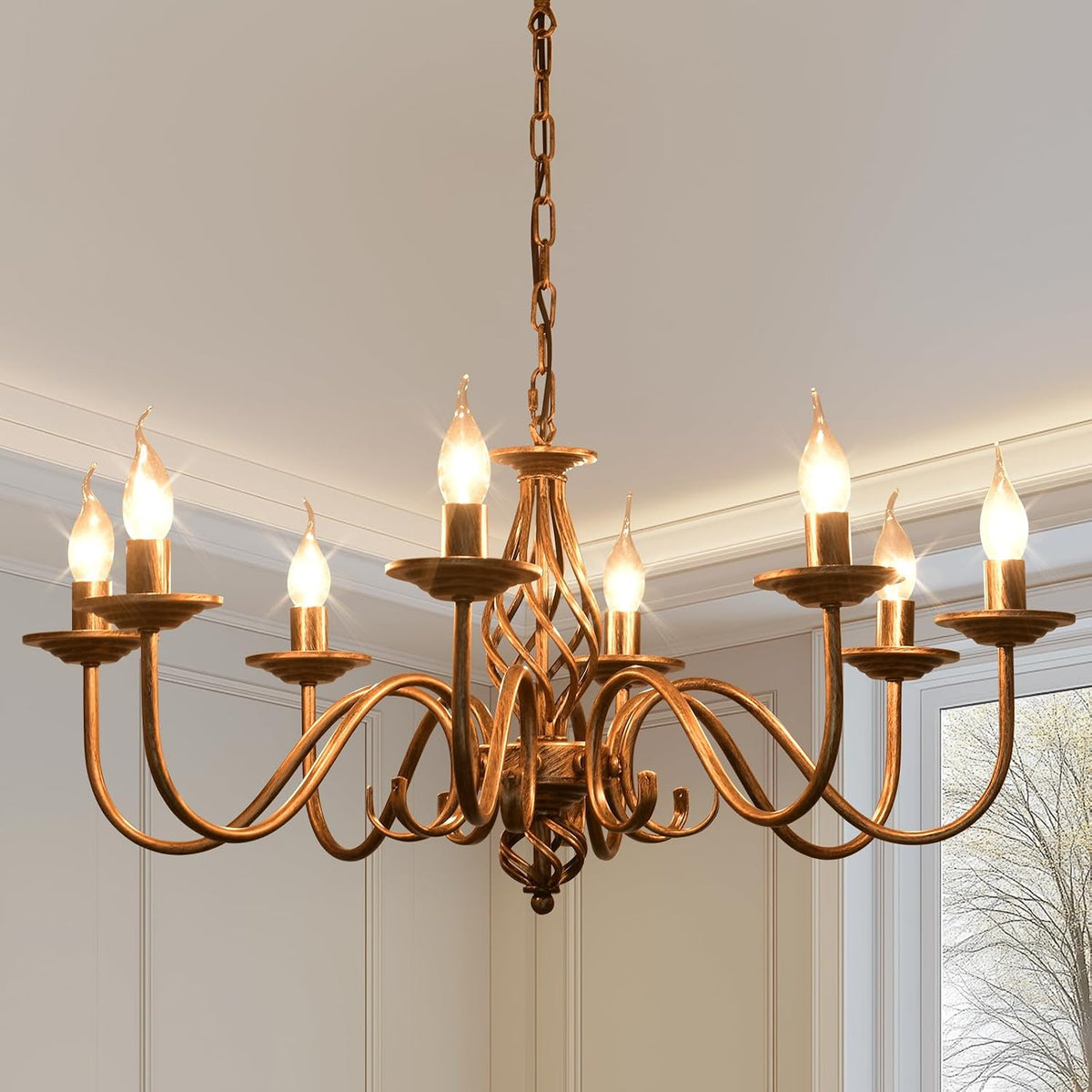 Eight-Light Antique Bronze Candle Chandelier in Rustic Country Style