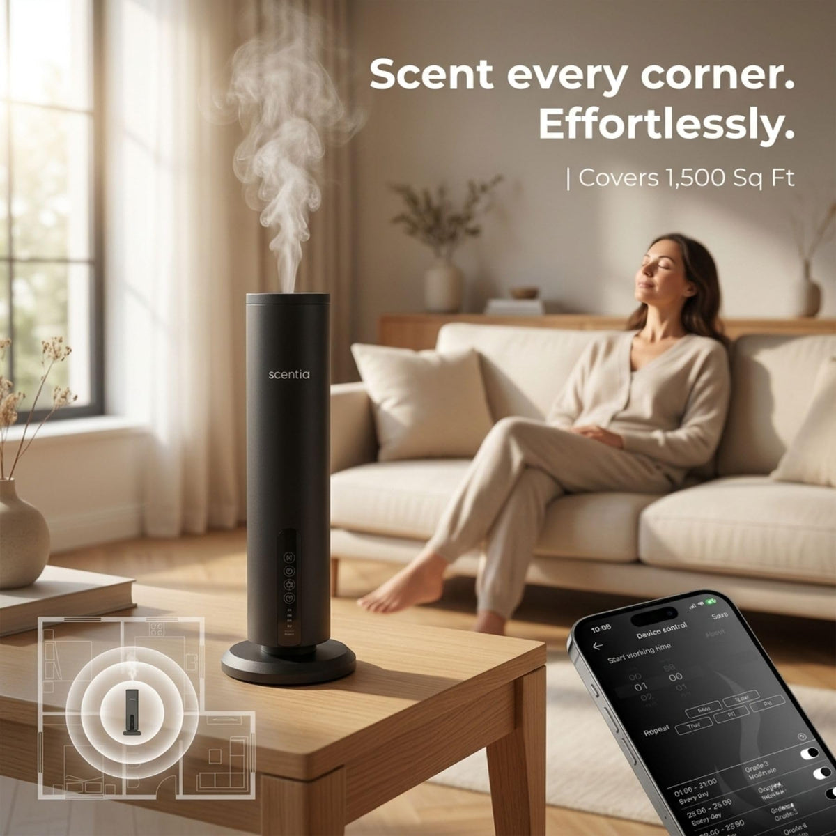 Wireless Waterless Scent Diffuser, App Control, 1500 Sq. Ft Black