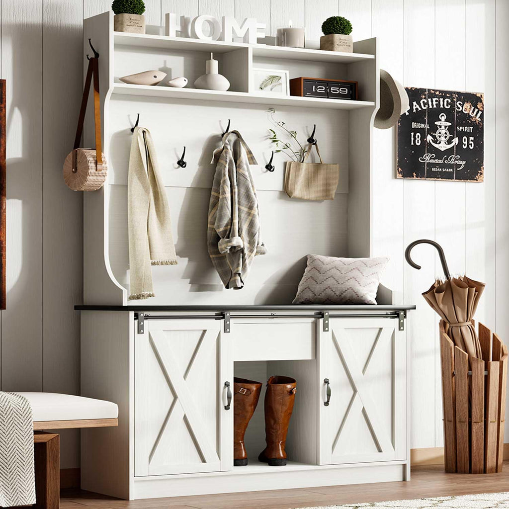 Farmhouse Hall Tree with Bench & Shoe Storage, White