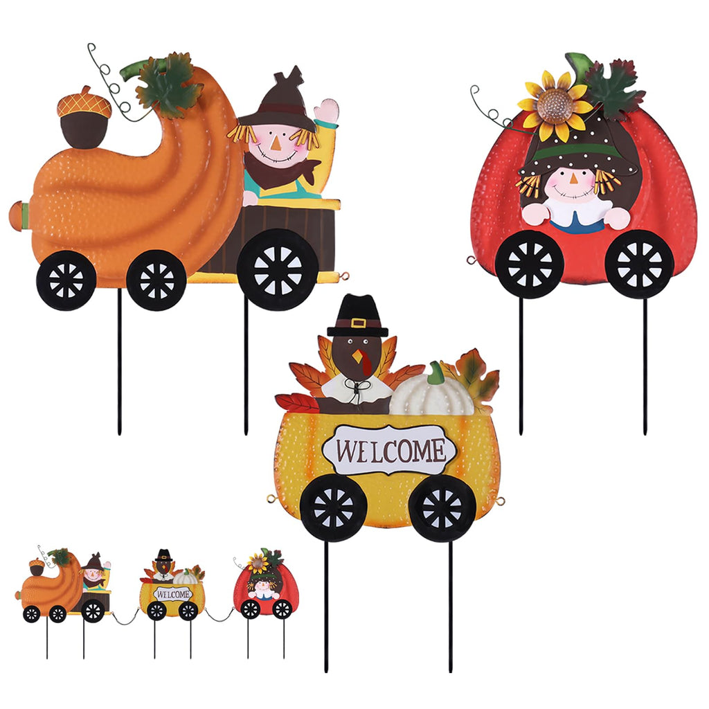 Thanksgiving Outdoor Decor, Set of 3 Metal Pumpkin Train Decorative Garden Stakes with Scarecrow Turkey, Fall Welcome