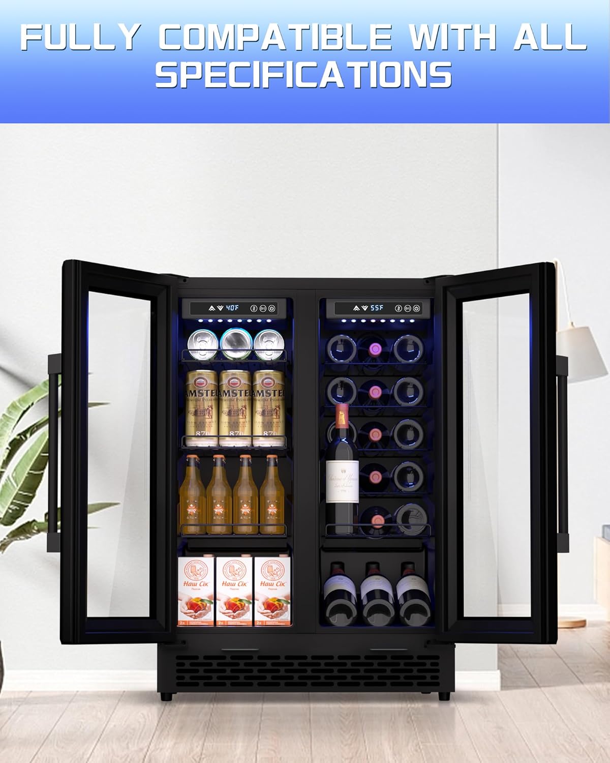 French Door Beverage Refrigerator, 24 Inch Dual Zone Built-in Fridge with Glass Door