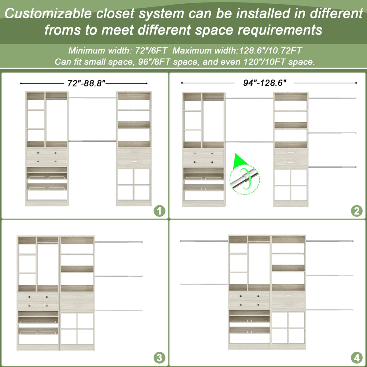 Closet System, Up to 128.6"/10.7 FT Closet Organizer with 4 Wooden Drawers and Shelves, Walk-in Closet System with 6