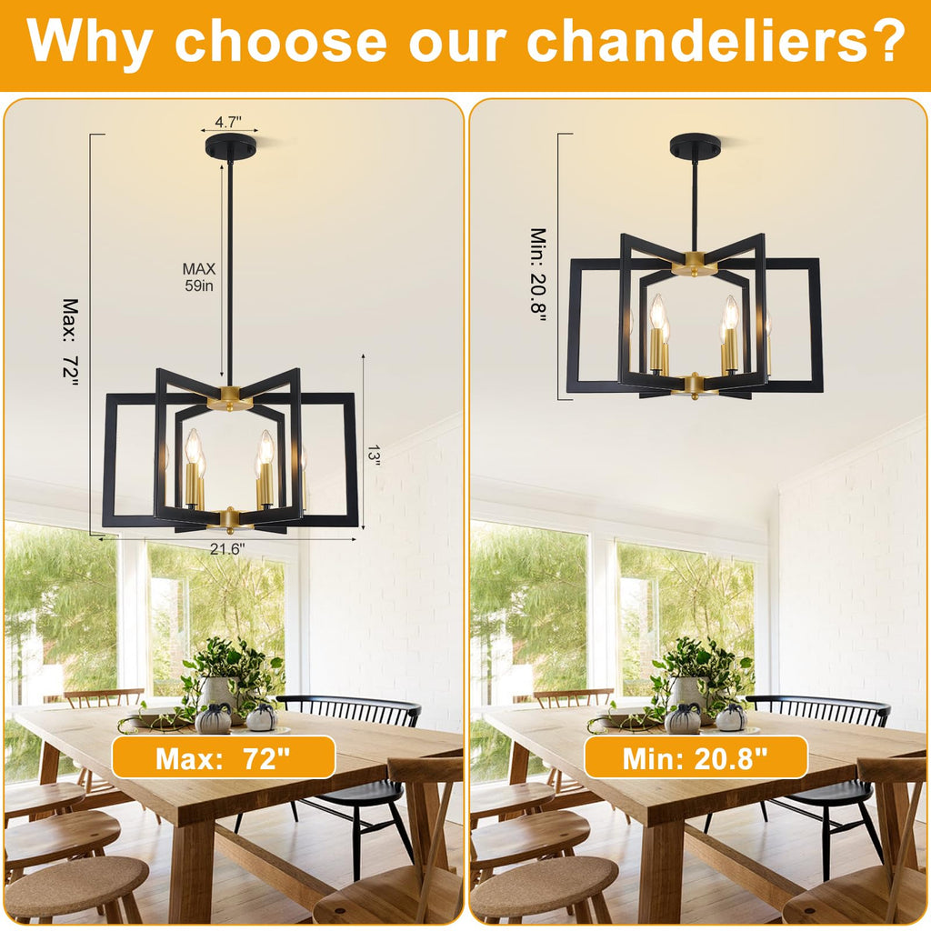 22" Black and Gold Chandelier, 6-Light Geometric Dining Room Fixture, Modern Industrial Foyer Lighting Fixtures, Rustic