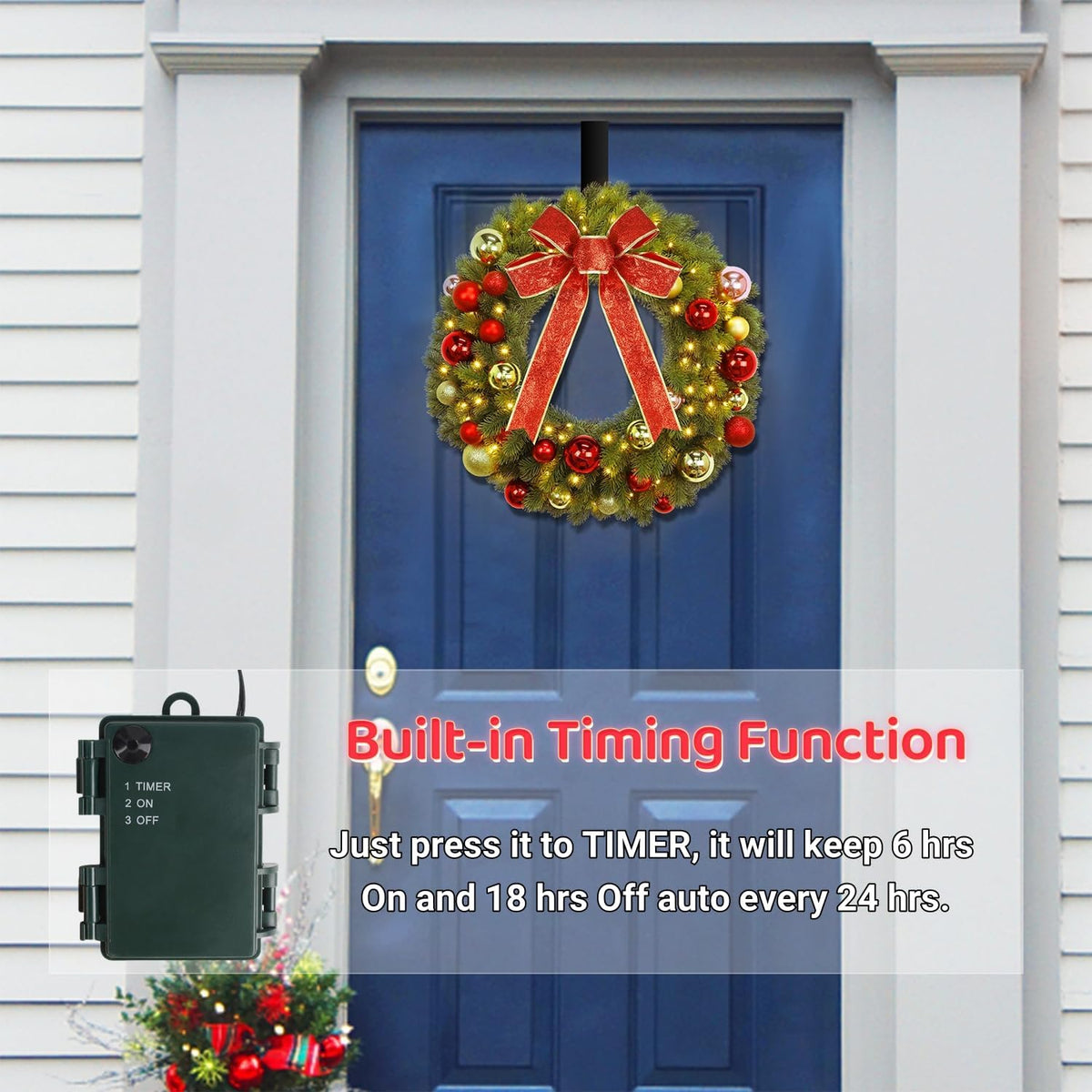 21 Inch Pre-Lit Christmas Wreath with Metal Hanger, Lighted Xmas Folded Wreath with 60 LED Lights, Red Bow