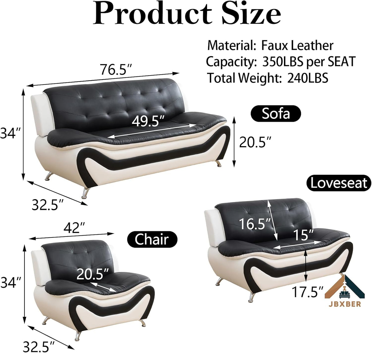 Living Room Furniture Set , Faux Leather Couch Sets, Modern Couch (3 Piece Set,Black&White)